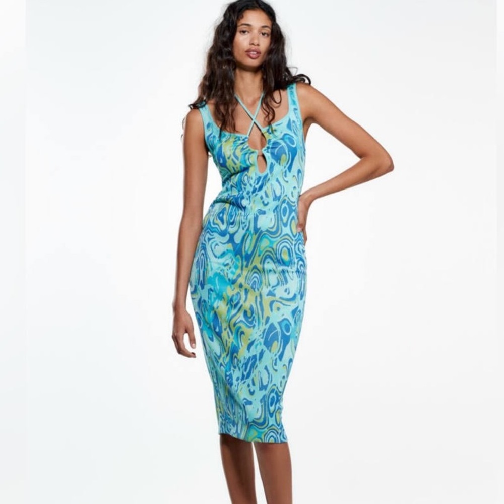 Zara Jacquard Turquoise Midi Dress